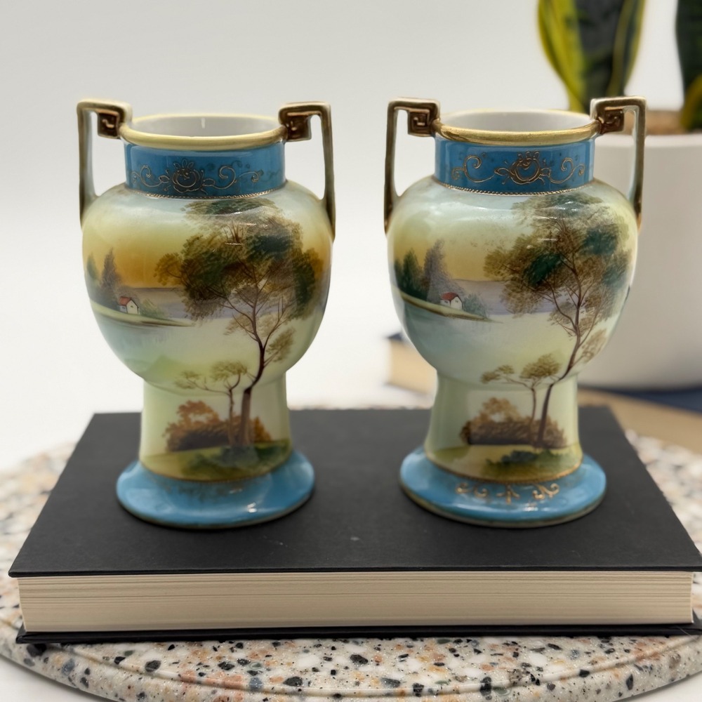 Antique Morimura Nippon Hand Painted Porcelain Landscape Urn Vases Set of 2